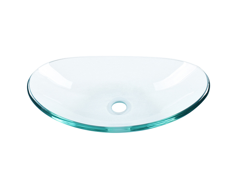 Bathroom Clear Boat Oval Shaped Glass Vessel Vanity Sink With Chromed Faucet