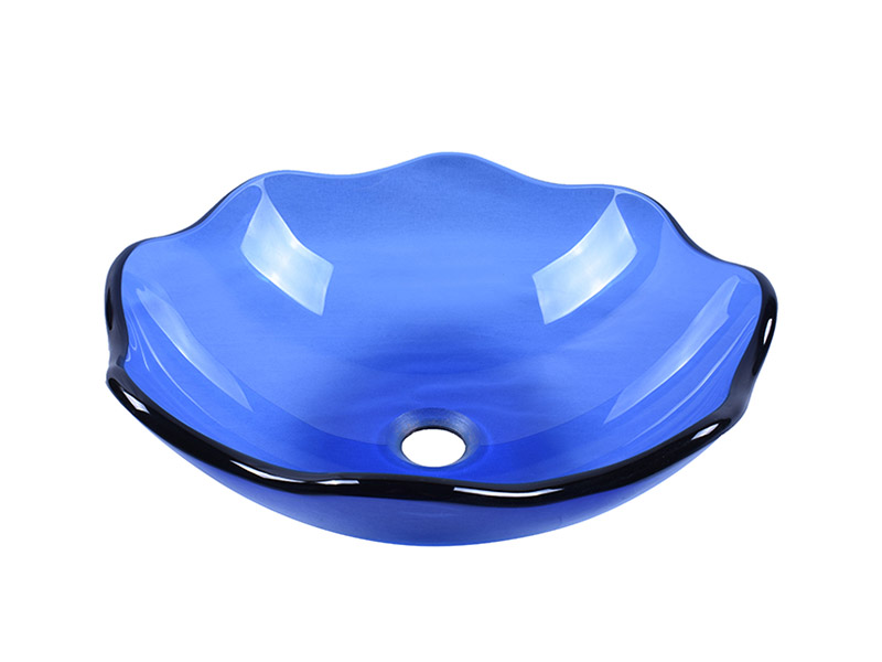 Blue Colored Semi-Transparent Bathroom Glass Sink Basin Vessel 14 Inch